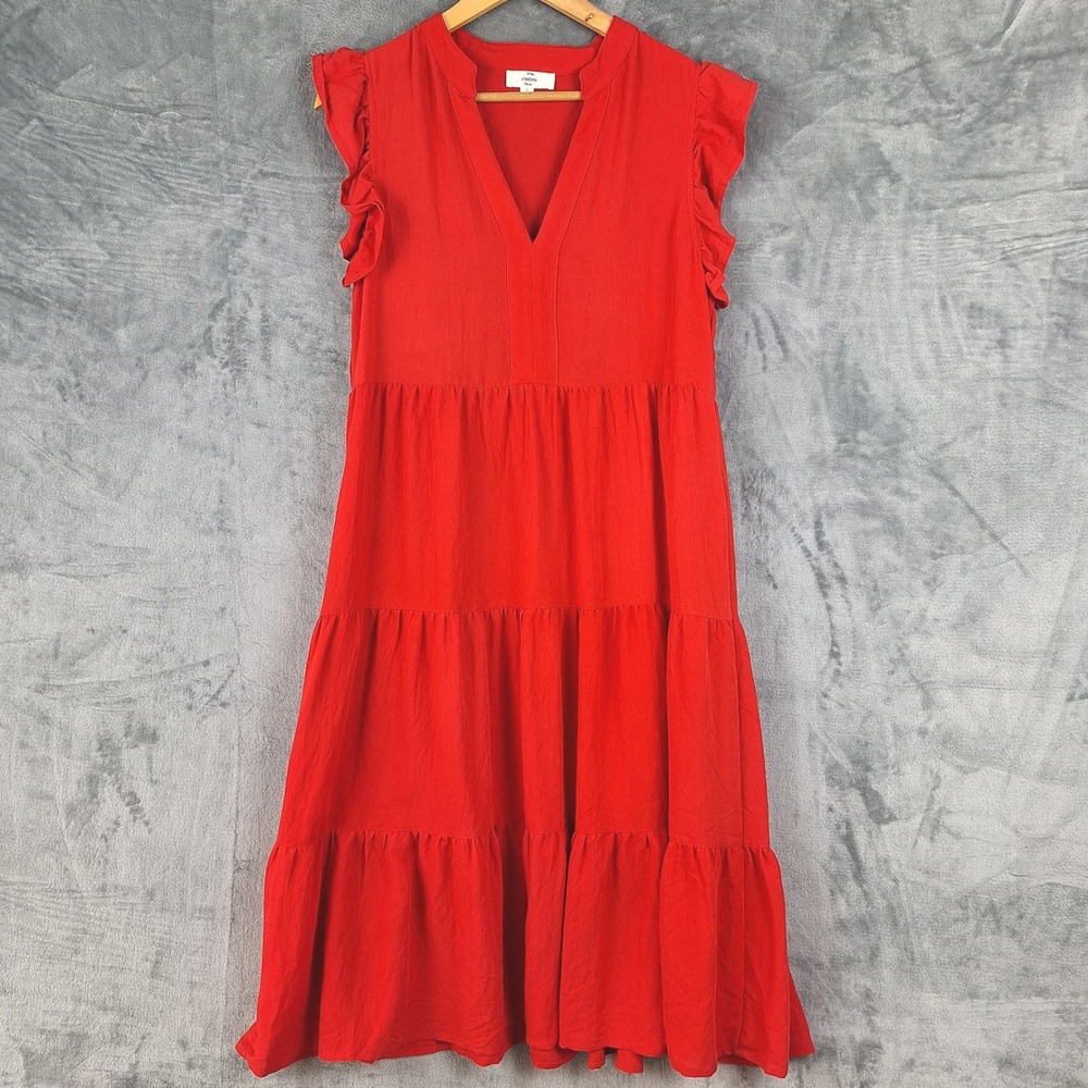 Womens Dress Small Red Boho Peasant Tiered Cottagecore Ruffle Flowy Pockets Midi